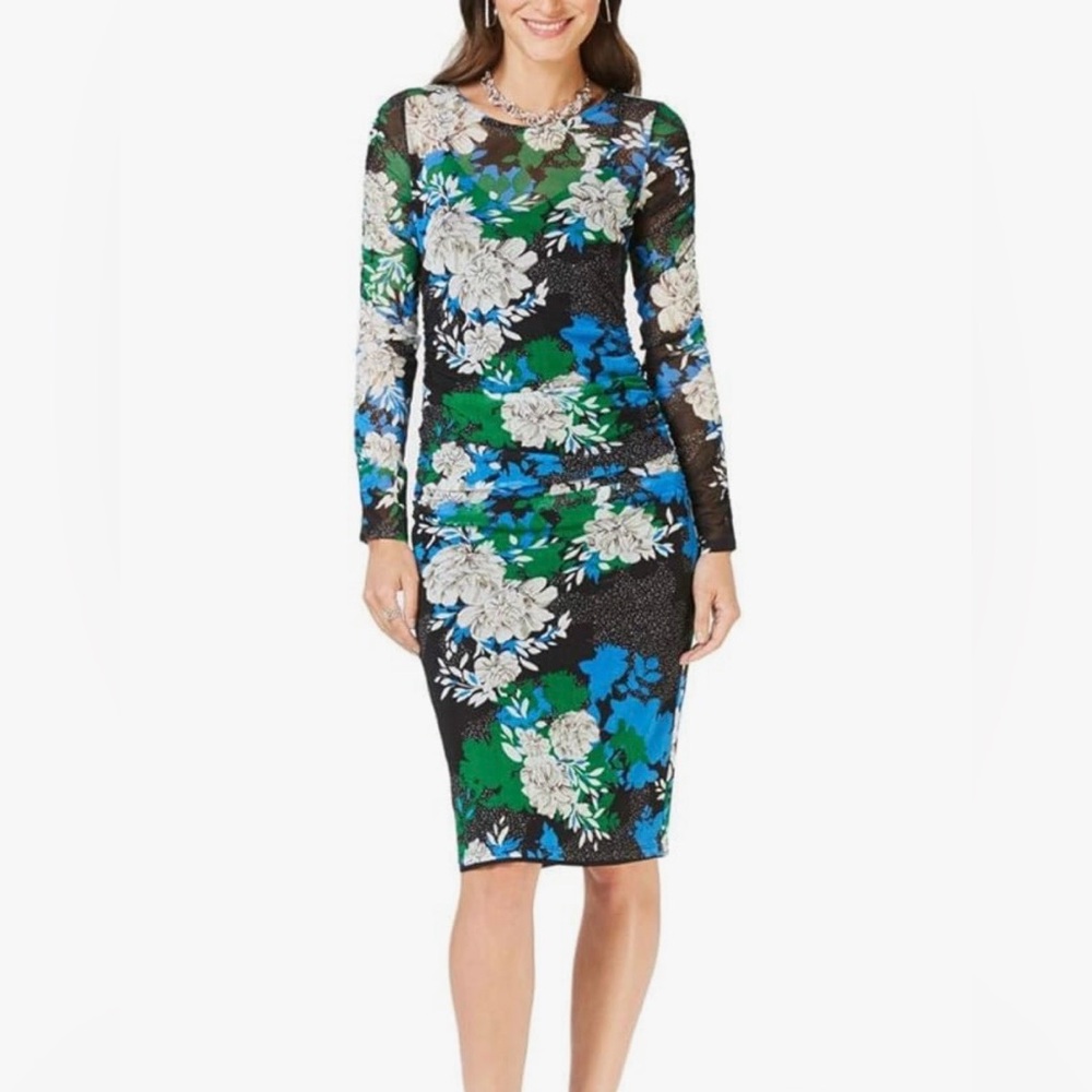 #497 NWT Floral Print Long-Sleeve Sheath Dress in Black, Blue & Green